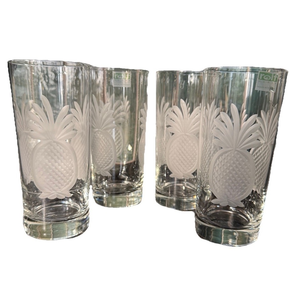 Set 4 Rolf Glass Pineapple Etched Highball Glasses USA Coastal Grandmillennial